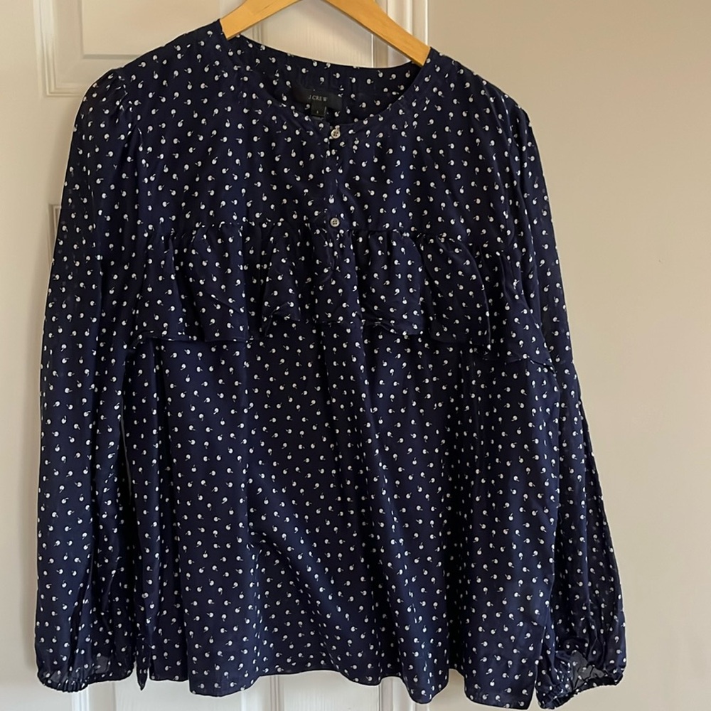 J crew cotton/silk Women's navy Ruffle Blouse
